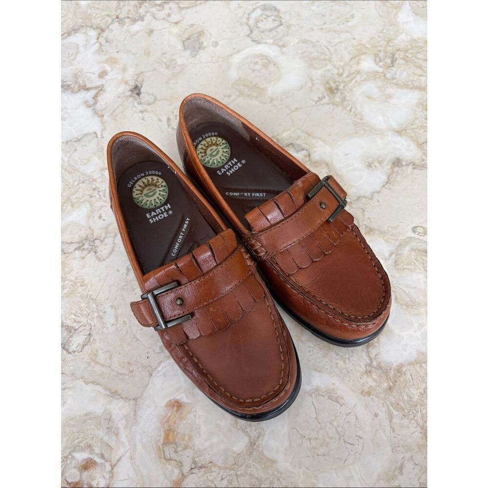 Earth Shoe Gelron 2000 Leather Loafers Buckle & Fringe Detail Classic Comfort - Picture 2 of 13